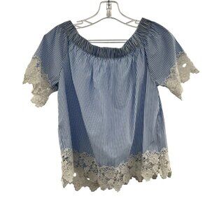 Kontrol Striped Crop Top Off Shoulder Short Sleeve Blue/White Crochet Size Large